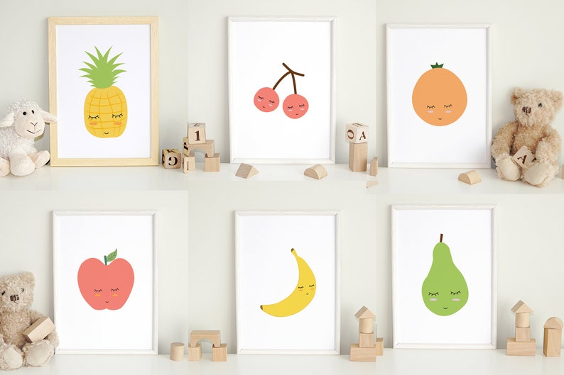 Cute Fruit Printable, Set of 6 Fruit Prints, Fruit Nursery Printable,Kids Room Decor,Fruit Nursery Poster,Fruit Wall Art,Kids Room Wall Art image 2