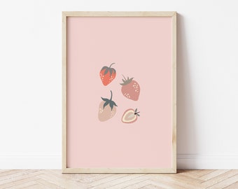 Cute Strawberry Printable,Strawberry Wall Art, Vintage Strawberry,Fruit Printable,Nursery Printable,Boho Fruit Wall Art,Kids Room Wall Art