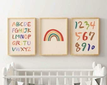 Rainbow Color Alphabet Number Printable,Boho Rainbow Print,Counting Number Print,Set of 3 Nurser Print,Kids Room Wall Art,Educational Poster