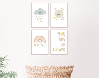Moon Rainbow Cloud Printable,Pastel You Are So Loved Quote,Raining Hearts Print,Star Moon Wall Art,Set Of 4 Nursery Print,Kids Room Wall Art