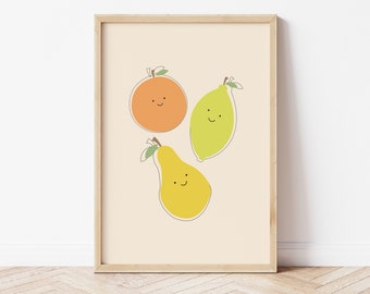 Cute Lemon Pear Orange Printable,Lemon Pear Orange Line Wall Art,Fruits Printable,Neutral Fruit Print,Kids Room Wall Art,Nursery Wall Poster