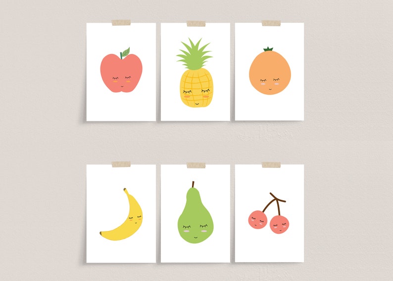 Cute Fruit Printable, Set of 6 Fruit Prints, Fruit Nursery Printable,Kids Room Decor,Fruit Nursery Poster,Fruit Wall Art,Kids Room Wall Art image 3