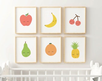 Cute Fruit Printable, Set of 6 Fruit Prints, Fruit Nursery Printable,Kids Room Decor,Fruit Nursery Poster,Fruit Wall Art,Kids Room Wall Art