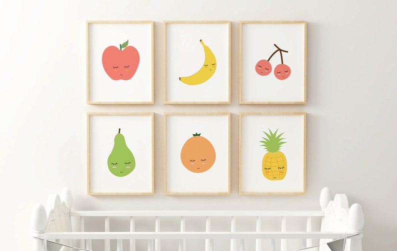 Cute Fruit Printable, Set of 6 Fruit Prints, Fruit Nursery Printable,Kids Room Decor,Fruit Nursery Poster,Fruit Wall Art,Kids Room Wall Art image 1