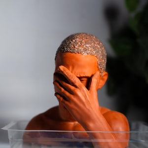 May include: A terracotta-colored sculpture of a person covering their face with their hand. The hair is textured with a speckled, light brown material. The sculpture is set in a clear plastic container.