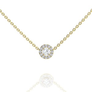 Lab Grown Diamond Halo Necklace, Solid 14k Yellow Gold, Women&#39;s Minimalist Layering Pendant, April Birthstone, Anniversary Jewelry Gift