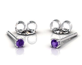 Platinum Amethyst Stud Earrings, Minimalist Prong Set Earrings, Solid Platinum Mini Earrings, February Birthstone Anniversary Jewelry