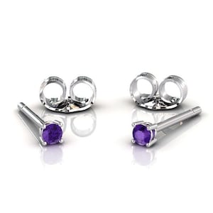 Platinum Amethyst Stud Earrings, Minimalist Prong Set Earrings, Solid Platinum Mini Earrings, February Birthstone Anniversary Jewelry