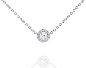 Solid Platinum Lab Grown Diamond Halo Necklace, Women&#39;s Minimalist Layering Pendant, April Birthstone, Anniversary Jewelry Gift