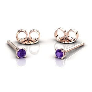 Mini Amethyst Stud Earrings, Minimalist Prong Set Earrings, Solid 14k Rose Gold Earrings, February Birthstone, Anniversary Gift Jewelry