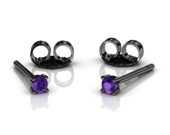 Black Gold Amethyst Stud Earrings, Minimalist Prong Set Earrings, Solid 14k Gold Earrings, February Birthstone Anniversary Jewelry