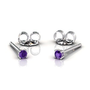 Mini Amethyst Stud Earrings, Minimalist Prong Set Earrings, Solid 14k White Gold Mini Earrings, February Birthstone Anniversary Jewelry
