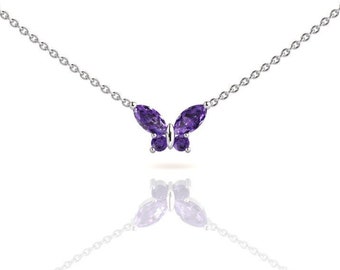 Amethyst Butterfly Necklace, Minimalist Pendant, Solid 14k White Gold Gemstone Necklace, February Birthstone, Anniversary Gift For Her