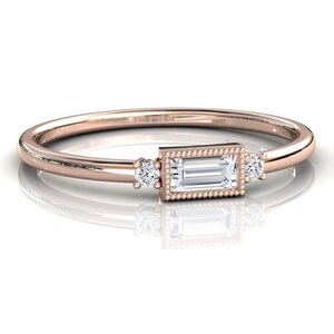 Lab Grown Diamond Stacking Ring, 14k Rose Gold, Vintage Style Stacking Wedding Band, Baguette Ring, Anniversary Gift, Women's Promise Ring