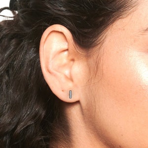 May include: A close-up of a person's ear with a small, silver bar earring with black diamonds. The earring is simple and elegant.