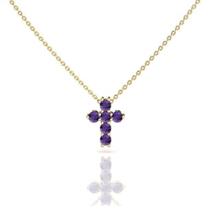 アメジスト クロス ネックレス、ミニマリスト ペンダント、ソリッド 14K イエロー ゴールド ジェムストーン ネックレス、2 月の誕生石、彼女への記念日の贈り物