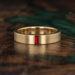 Yellow Gold Ruby Wedding Band, Baguette Wedding Band, Unisex, Brushed Finish, 4mm Wedding Ring, Plated Or Solid Yellow Gold