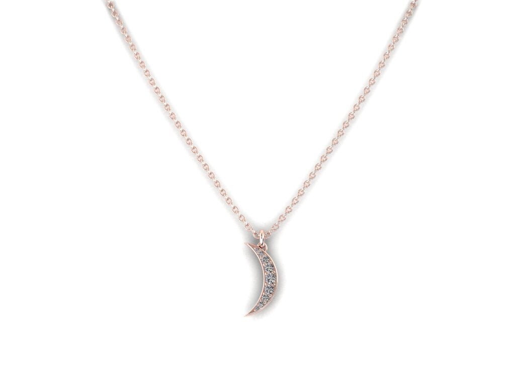 Diamond Moon Pendant / Diamond Pendant / Anniversary Gift / 14k Rose Gold Diamond Moon Pendant / Diamond Jewelry / Petite Moon Necklace