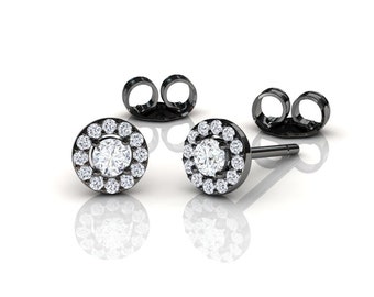 Black Gold Lab Grown Diamond Halo Stud Earrings, Small Minimalist Earrings, 14k Gold Mini Earrings, April Birthstone, Anniversary Jewelry