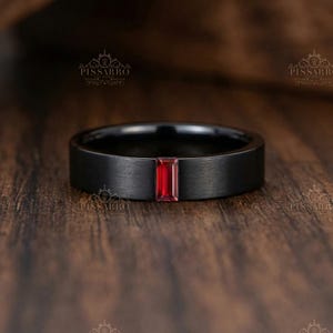 Ruby Wedding Band, Baguette Wedding Band, Unisex, Brushed Finish, 4mm Wedding Ring, Black Silver Or Black Gold