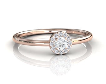 Lab Diamond Halo Stacking Ring, 14k Rose Gold, Modern Small Engagement Ring, Minimalist Diamond Ring, Ethical Jewelry, Women's Promise Ring
