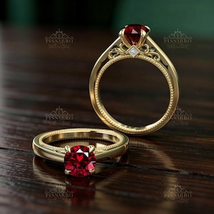 Ruby Solitaire Engagement Ring Set, Vintage Style Rings, Bridal Wedding Jewelry, Plated Or Solid Yellow Gold