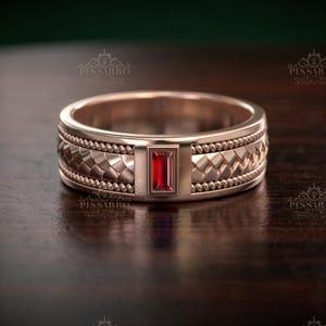 Men's Ruby Wedding Band, 6.5mm Width, Braided Wedding Ring, Plated Silver Or Solid Rose Gold Jewelry, Unisex