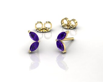 Marquise Amethyst Stud Earrings, Small Minimalist Earrings, 14k Yellow Gold, February Birthstone Anniversary Gift Jewelry, Single Or Pair