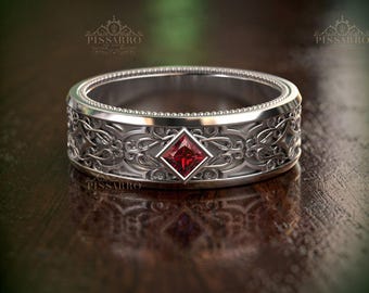 Mens Ruby Wedding Band, 7mm Wedding Ring, Filigree Scroll Work, Sterling Silver, White Gold Or Platinum Jewelry, Unisex