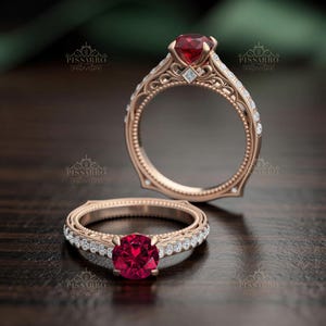Round Ruby Engagement Ring, Euro Shank, Rose Gold Wedding Set, Filigree Design, Diamond Side Stones
