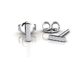 Solid Platinum Lab Grown Diamond Bar Earrings, Small Minimalist Stud Earrings, Mini Earrings, April Birthstone Anniversary Jewelry