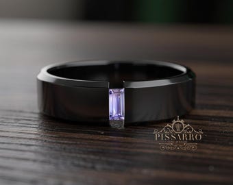 Mens Tanzanite Wedding Band, 6mm Wedding Ring, Brushed Finish, Baguette Center, Black Silver Or Black Gold Jewelry
