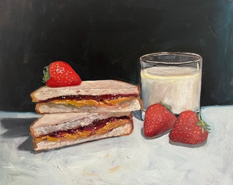 Peanut butter and jelly sandwich with milk and strawberries oil painting (print also avail)