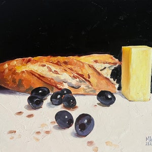 Baguette and butter and olives 11x14 on hard panel image 1