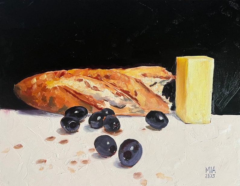 Baguette and butter and olives 11x14 on hard panel image 1