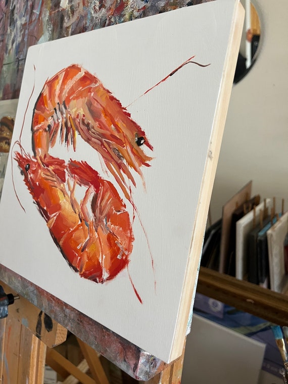 エビ2匹の油絵 10x10インチ - Etsy 日本