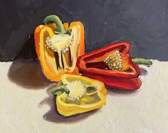 Open bell peppers oil painting 8x8