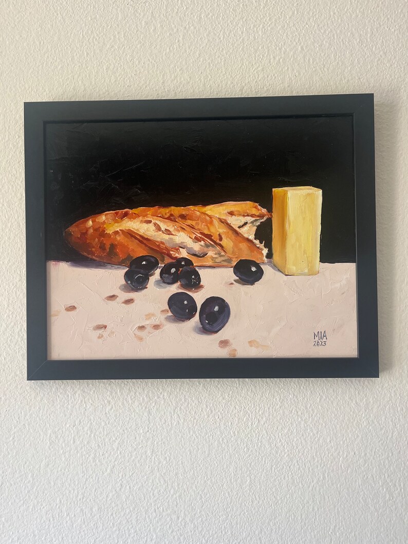 Baguette and butter and olives 11x14 on hard panel image 4