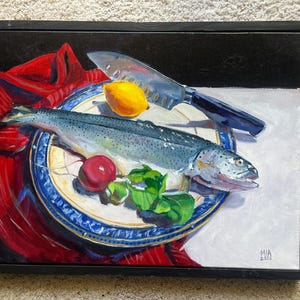 Fish on Plate, Original Oil Painting 18x24