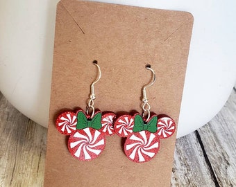 Christmas Mickey Mouse Peppermint Earrings, Disney candy cane inspired earrings, Holiday swirl glitter, Minnie Mouse,