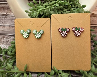 Christmas Mickey Mouse Peppermint Earrings, Holiday Disney Sterling Silver Studs