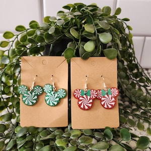 Christmas Mickey Mouse Peppermint earrings, Disney Candy cane inspired earrings,  Holiday swirl glitter, Minnie Mouse Candy Cane Peppermint