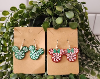 Christmas Mickey Mouse Earrings, Disney Candy Cane Glitter Swirl, 925 Sterling Silver