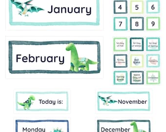 BUNDLE - Pocket Dinosaur Calendar Days of the Week, Months of the Year, and Numbers Themed Classroom Printable Cute Calendar School Calendar