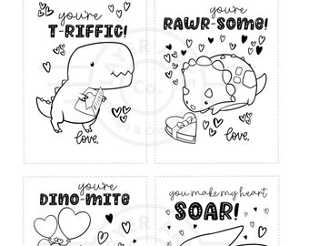 Dinosaur Valentine’s Day Cards Colorable Printable