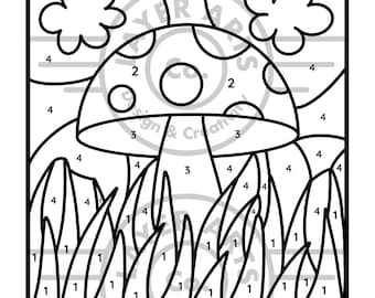 Mushroom Color By Number Classroom Activity Sheet Kindergarten Elementary Preschool Montessori Homeschool Simple Coloring Spring Fall Summer