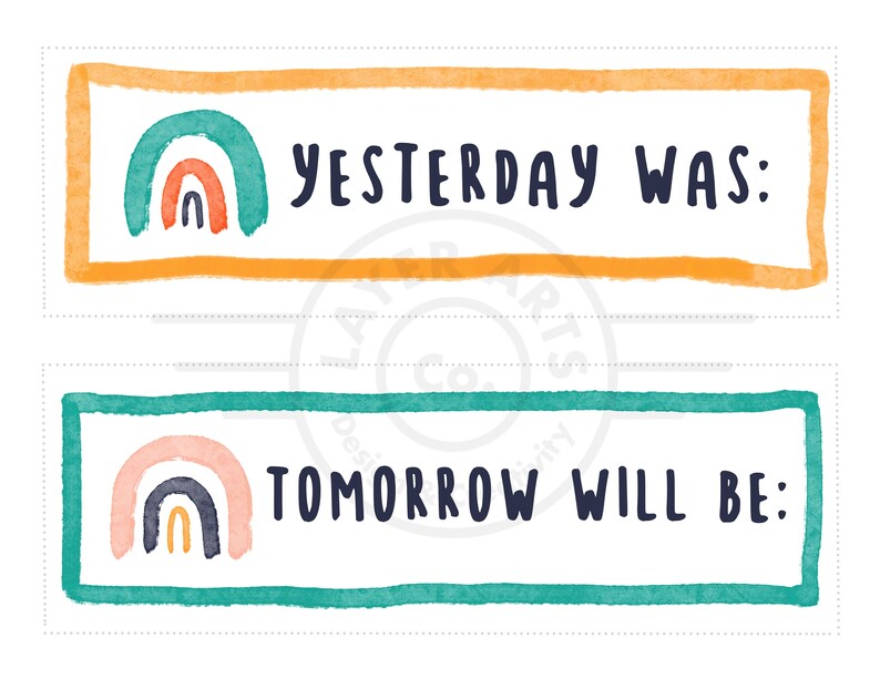 Puede incluir: Dos tarjetas rectangulares coloridas con un dise&ntilde;o de arco&iacute;ris y el texto "Ayer fue:" y "Ma&ntilde;ana ser&aacute;:" en cada tarjeta.