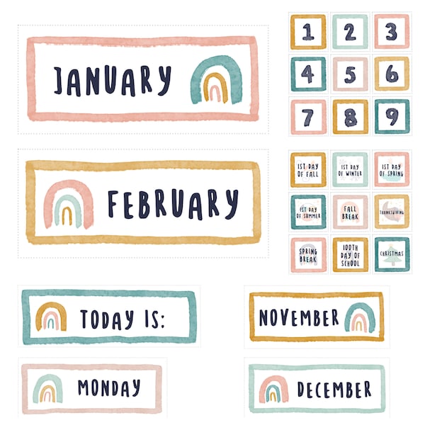 BUNDLE - Calendar Boho Rainbow Days of the Week, Months of the Year, and Numbers Themed Classroom Printable Pocket Calendar School Calendar