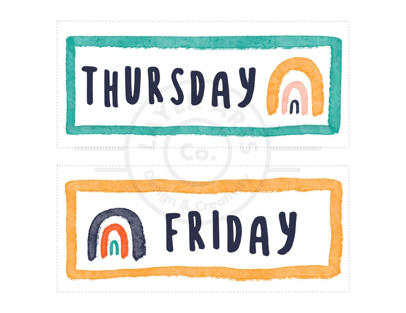 Puede incluir: Dos etiquetas de estilo acuarela con dise&ntilde;os de arco&iacute;ris. La etiqueta superior es de color turquesa con la palabra "THURSDAY" y un arco&iacute;ris en naranja, rosa y blanco. La etiqueta inferior es de color naranja con la palabra "FRIDAY" y un arco&iacute;ris en azul oscuro, naranja y verde.