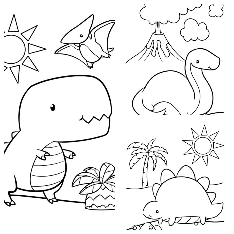 May include: Black and white line art illustration of various dinosaurs, including a T-Rex, a pterodactyl, a stegosaurus, and a plesiosaur. The illustration also includes palm trees, a volcano, and suns.